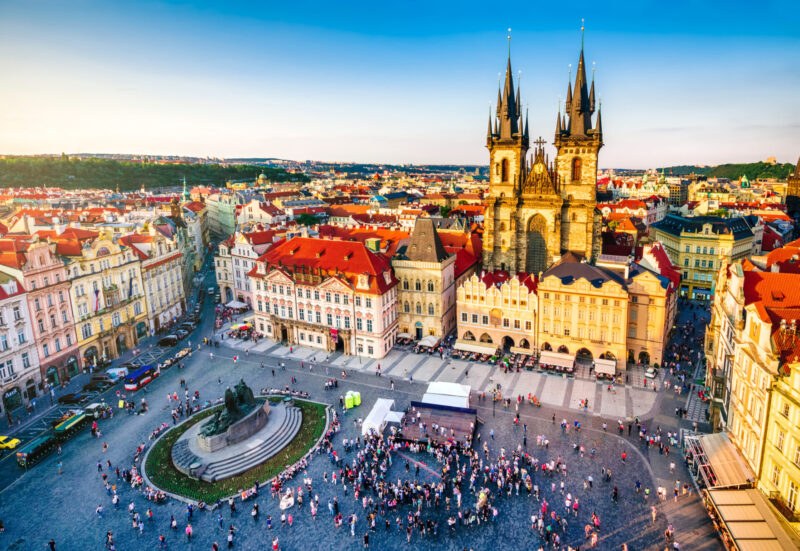 An aerial view of old town square in Prague at sunset. (Photo: istockphoto)