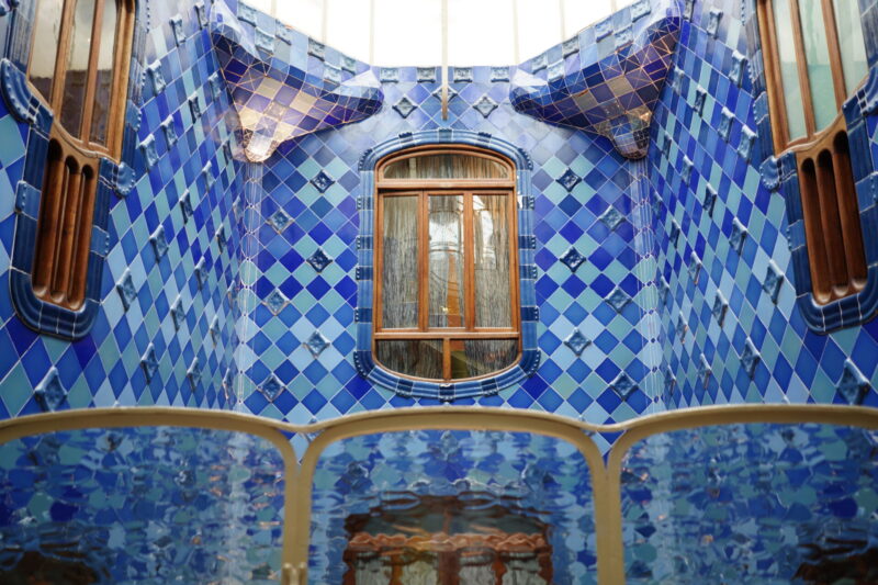 Colorful ceramic tiles in various shades of blue inside Casa Batlló (Photo: Anya C.)