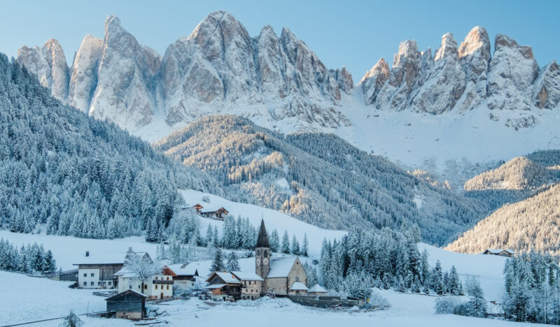 The small village in Val di Funes covered in snow, with Dolomites mountains, South Tyrol, Italy. (Photo: iStockphoto)