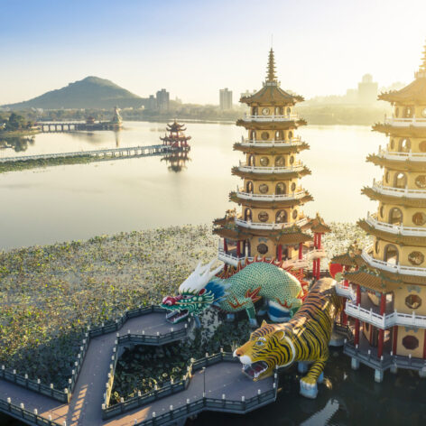 Aerial view Lotus Pond's Dragon and Tiger Pagodas at morning (Photo Credit: iStockphoto)