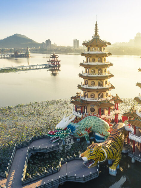 Aerial view Lotus Pond's Dragon and Tiger Pagodas at morning (Photo Credit: iStockphoto)