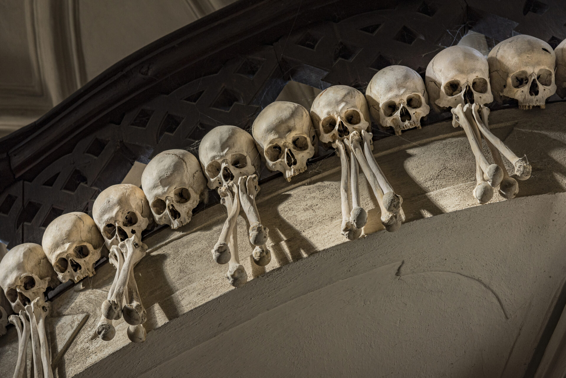 Decoration of skulls and skeletons inside Sedlec Ossuary (Photo Credit: iStockphoto)