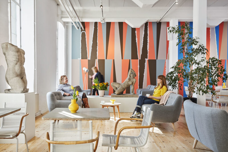 Café inside museum. Art on the wall is by Malene Landgreen (Photo Credit: https://brandts.dk)