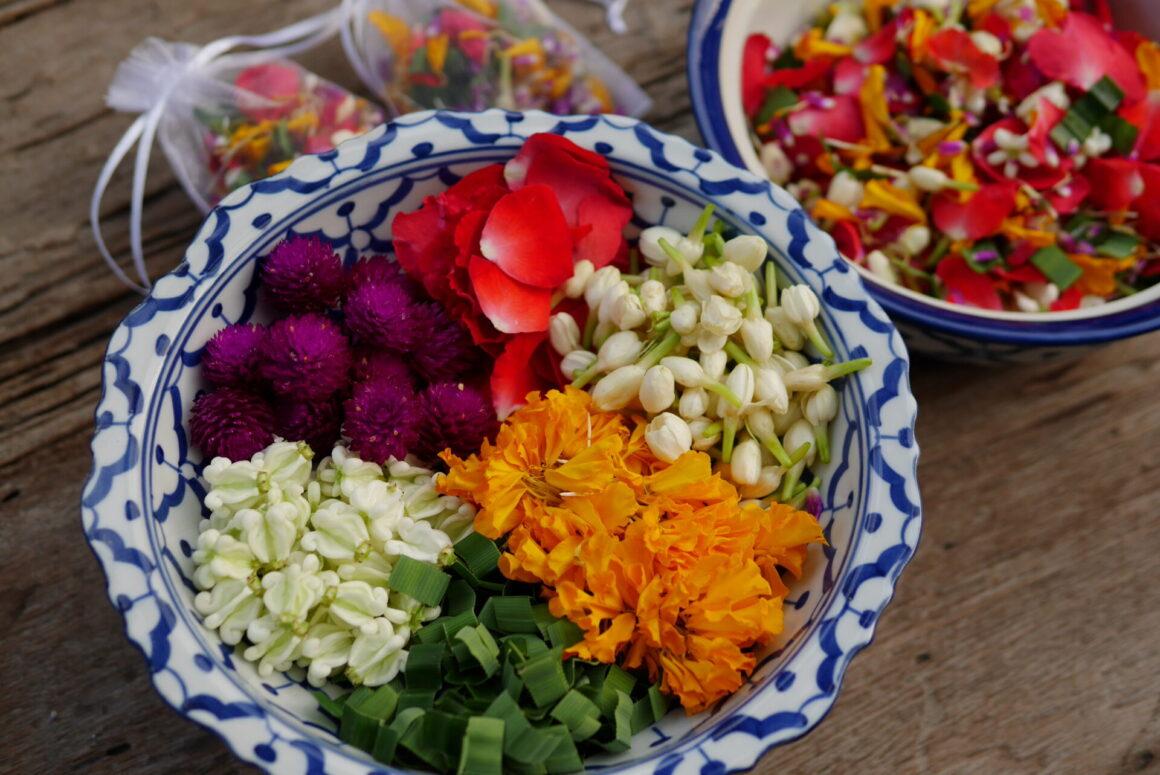 Various kinds of flowers are used for making Bu Nga Ram Pai. (Photo Credit: Anya C.)