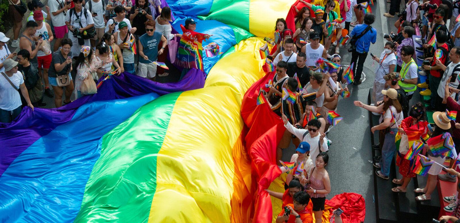 A giant PRIDE flag in the parade