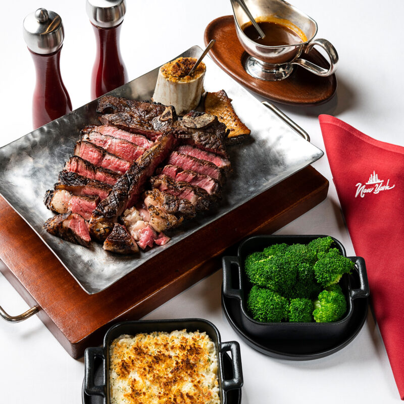 Tantalizing set of steak and side dishes. 