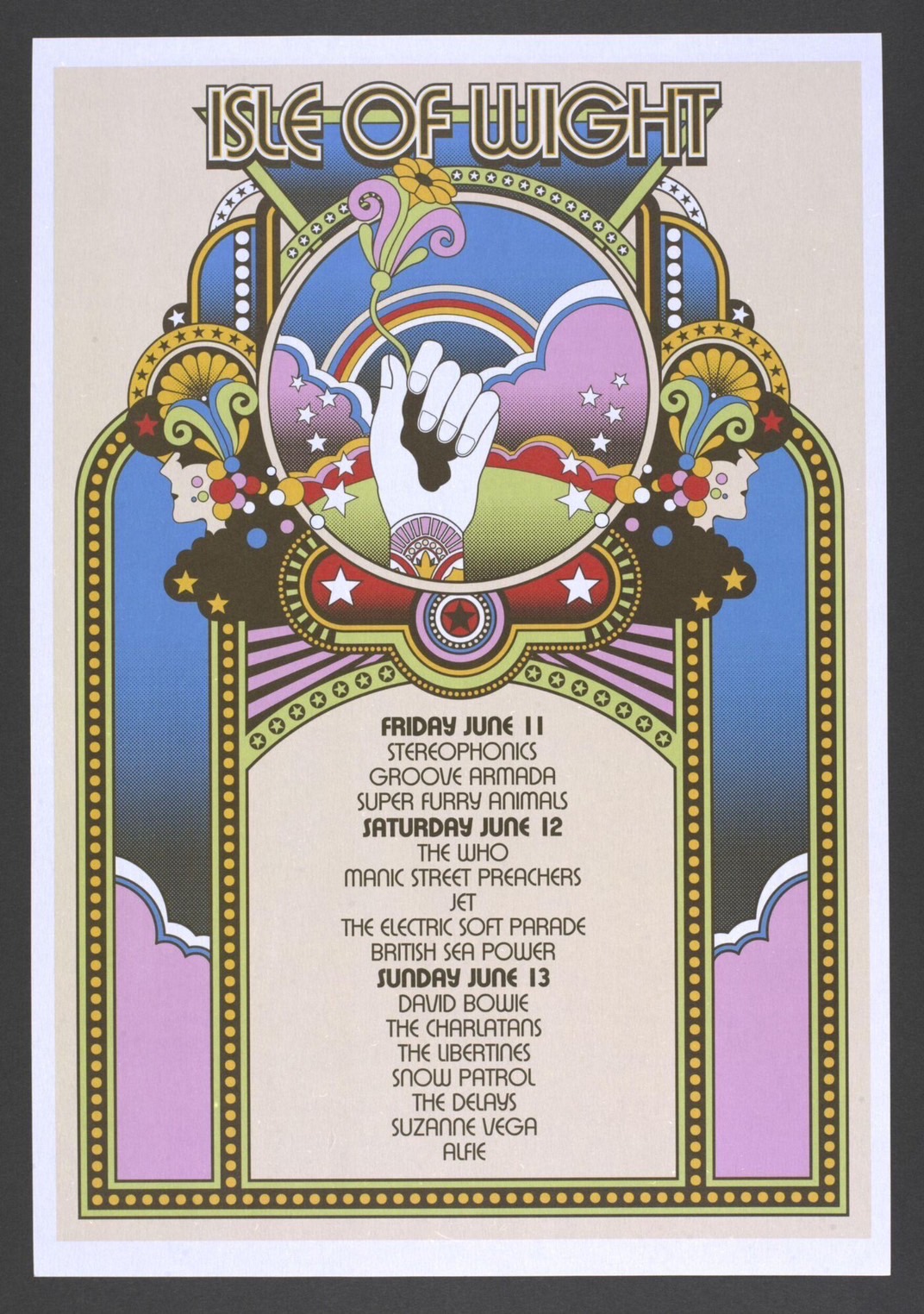 The Isle of Wight Festival. This poster is from the 2004 festival, at which artistes including David Bowie and The Who performed.