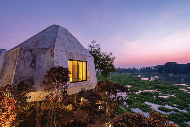 A rock's prism-inspired treehouse.