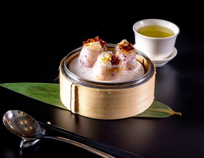 A delicious sample of dim sum on serve. 