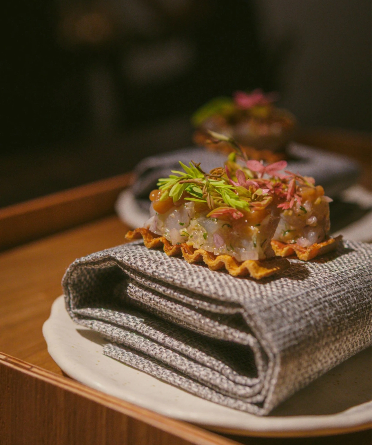 Prawn tartare infused with Thai herbs. 