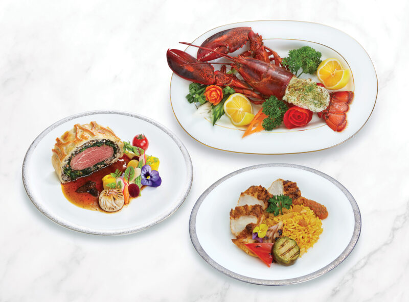 Wagyu beef wellington and morel sauce, Lobster thermidor with cognac cream, Authentic chicken kabsa (Halal food)