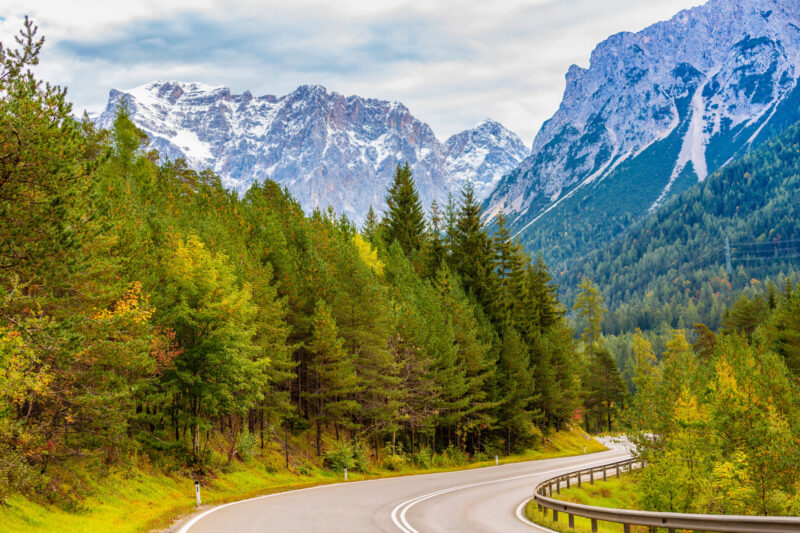 The scenic road with an Alpine backdrop.