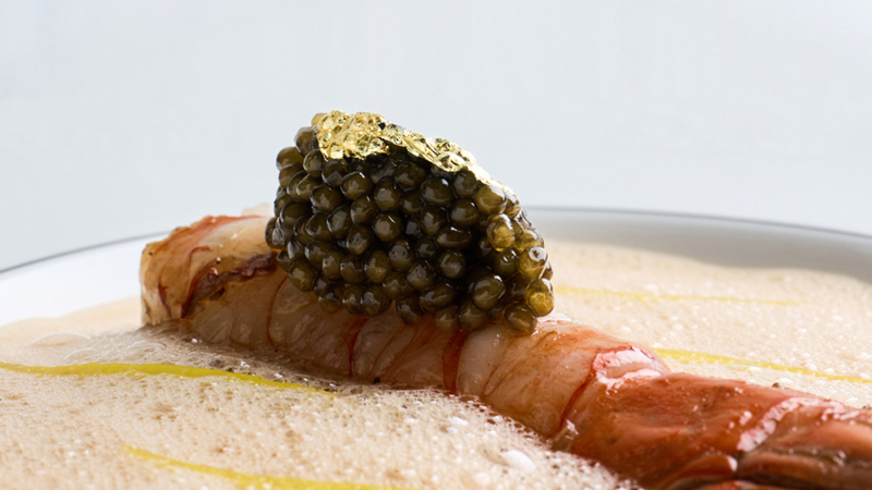 Roasted Langoustine with cauliflower textures, preserved lemon charcuti&egrave;re emulsion, and nori marmalade gel.