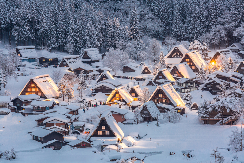 The gassho-zukuri farmhouses are famous for their steep, triangular thatched roofs.