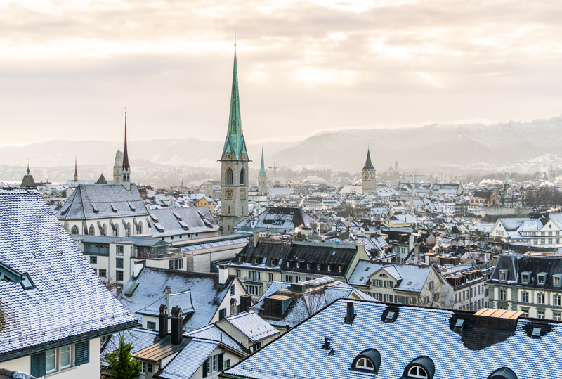 Old Zurich town in winter, view on lake