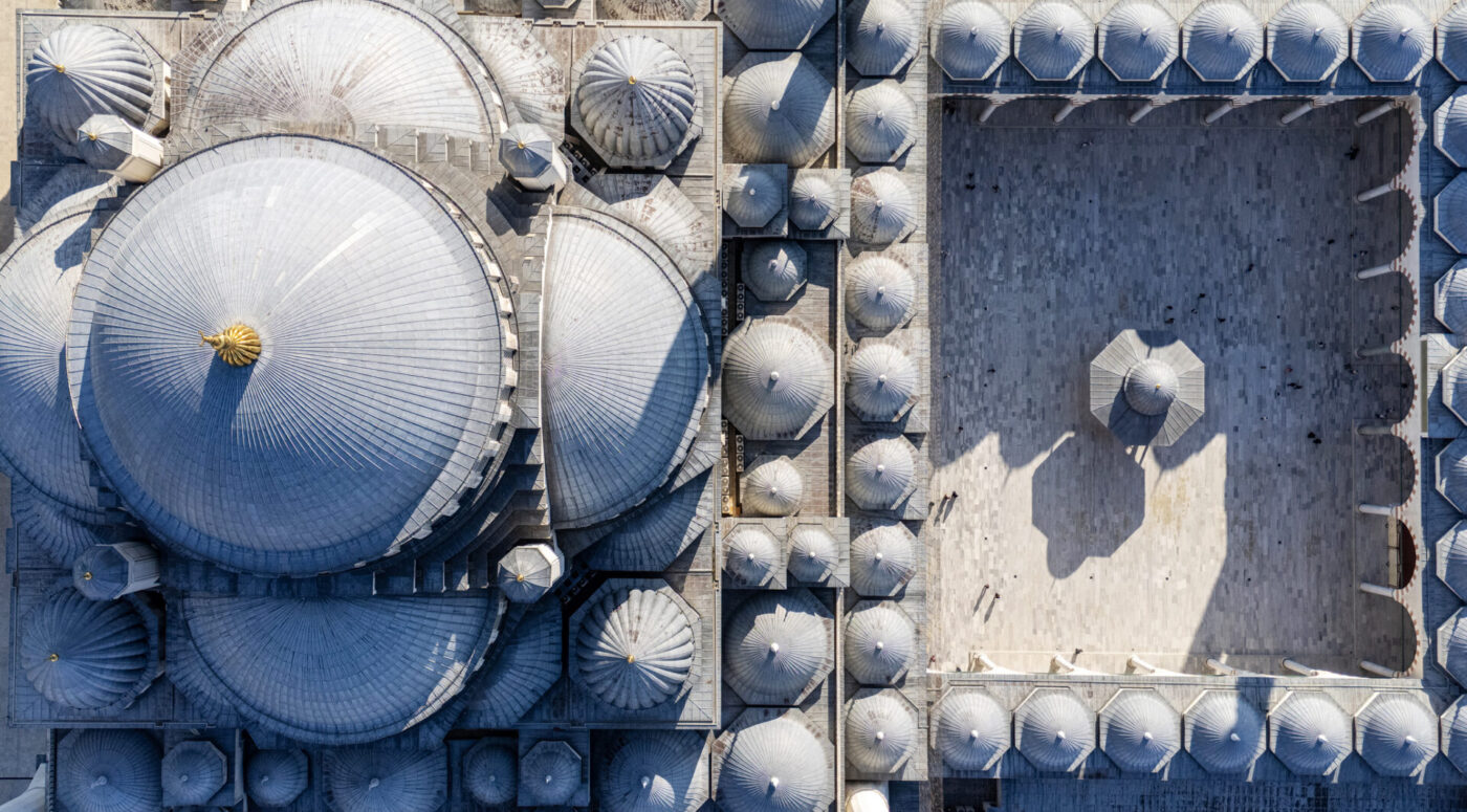Aerial top-down view of the Suleymaniye Mosque dome and courtyard in Istanbul, Turkiye.