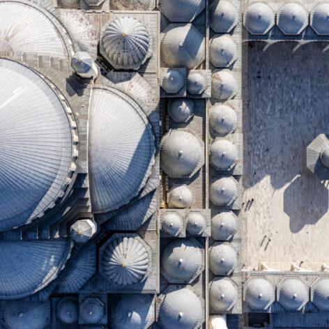 Aerial top-down view of the Suleymaniye Mosque dome and courtyard in Istanbul, Turkiye.