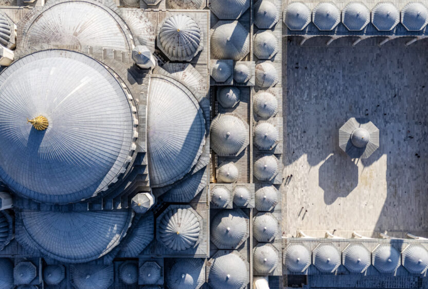 Aerial top-down view of the Suleymaniye Mosque dome and courtyard in Istanbul, Turkiye.