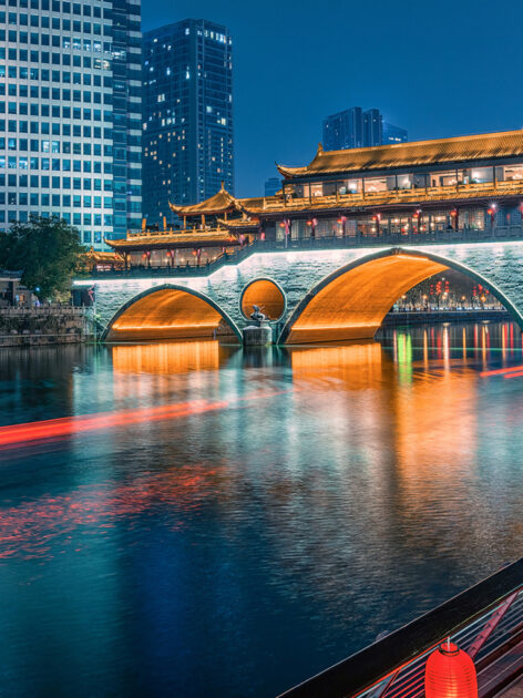 A Night view of Anshun Covered Bridge in Chengdu.