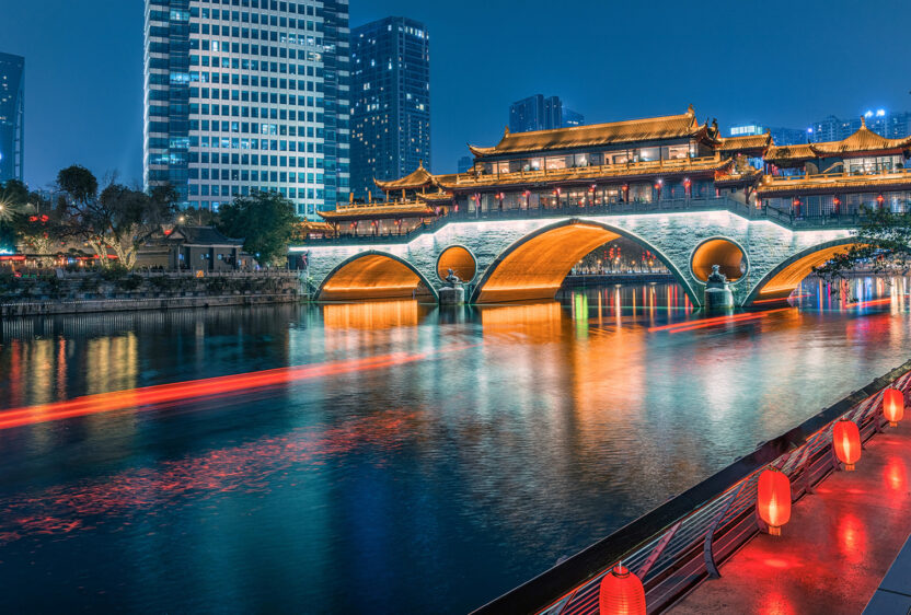 A Night view of Anshun Covered Bridge in Chengdu.