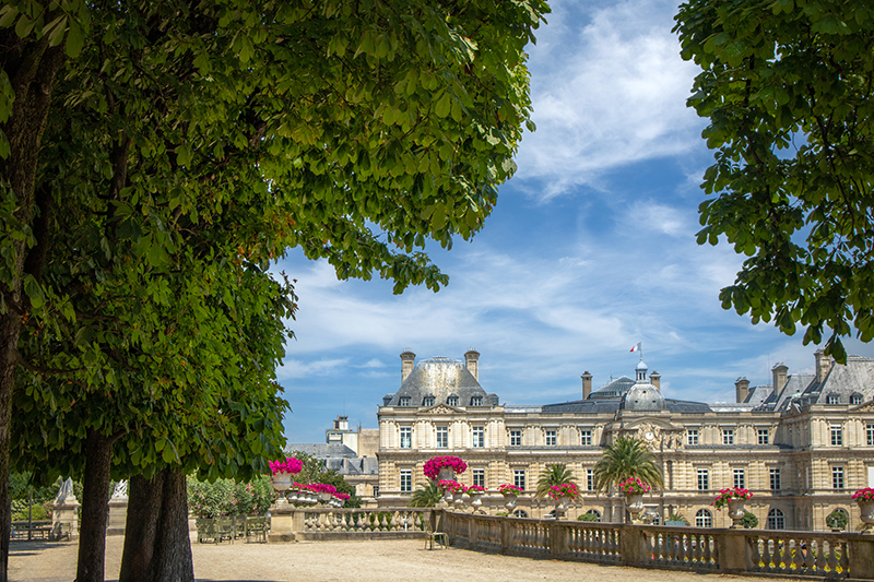 The view of Luxembourg Palace from the Luxembourg Gardens.