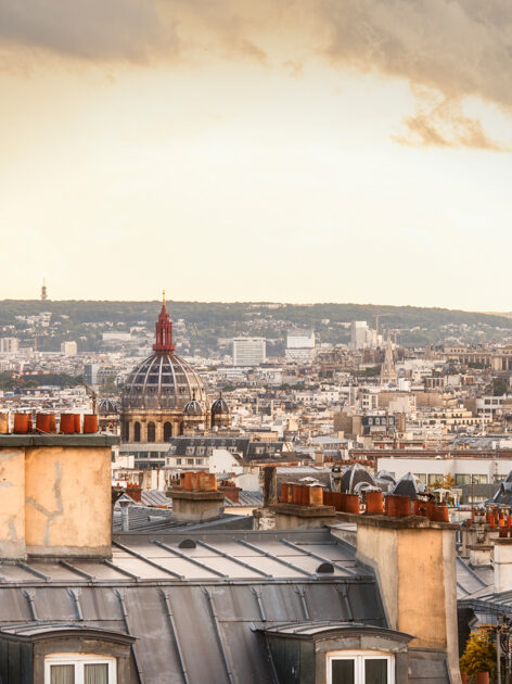 Paris scenes with typical roofs and Eiffel.
