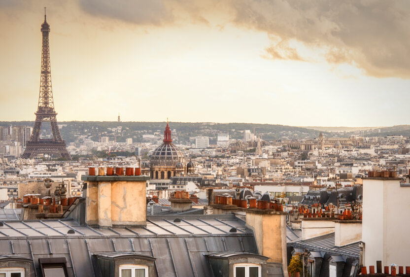 Paris scenes with typical roofs and Eiffel.