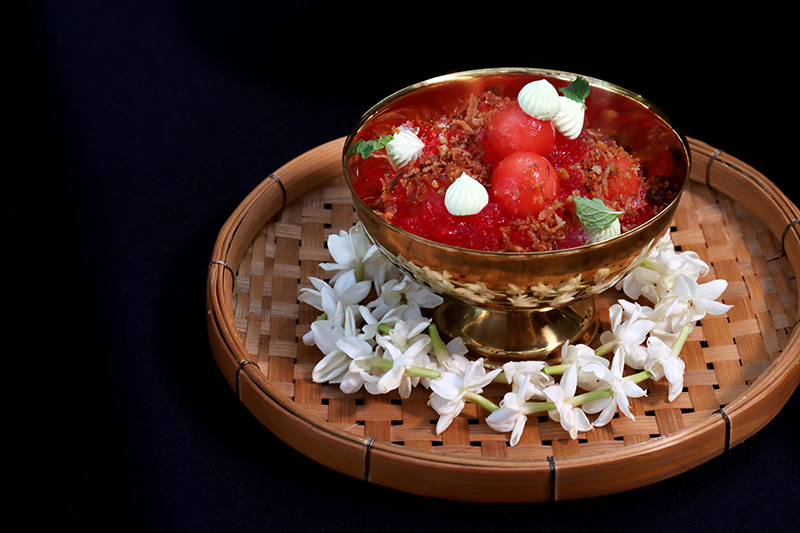 Watermelon shaved ice with dried fish to beat the summer in Thailand.