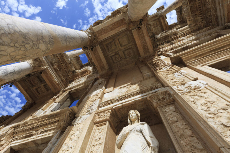 The Library of Celsus, a Roman mausoleum holding 12,000 scrolls, was built in A.D. 135 in Ephesus