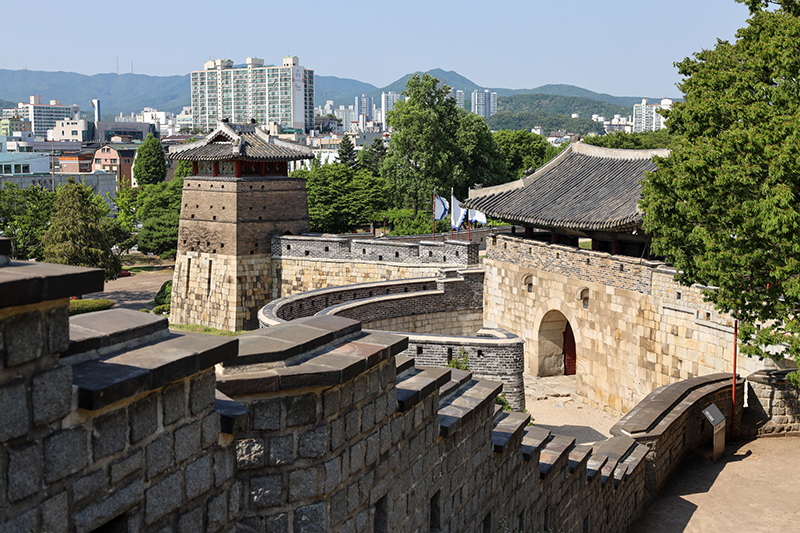 Walking along the ancient walls of Hwaseong Fortress in Suwon.