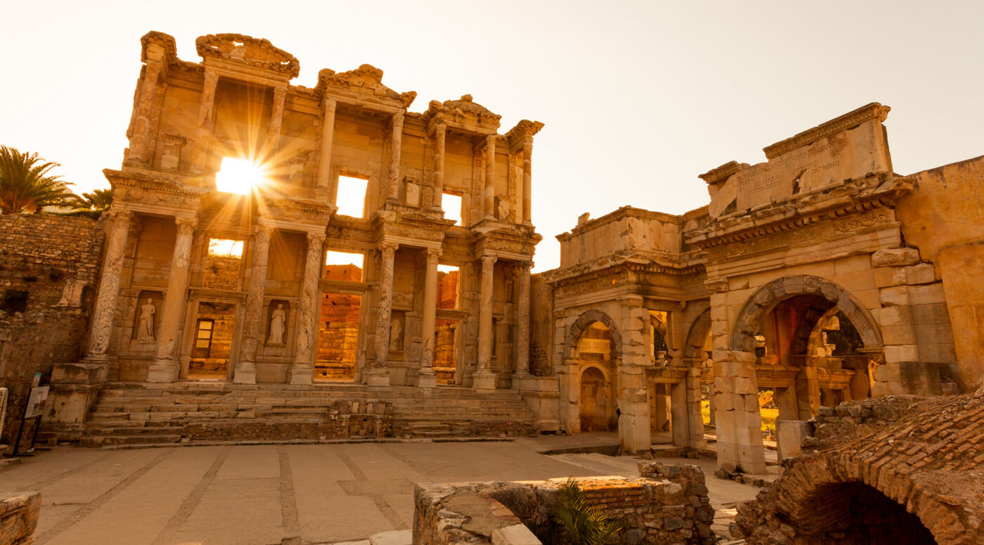 Sun setting at Library of Celsus in Ephesus.