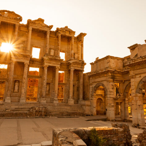 Sun setting at Library of Celsus in Ephesus.