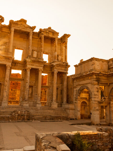 Sun setting at Library of Celsus in Ephesus.