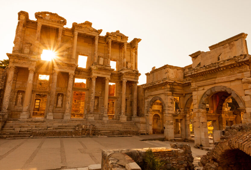 Sun setting at Library of Celsus in Ephesus.
