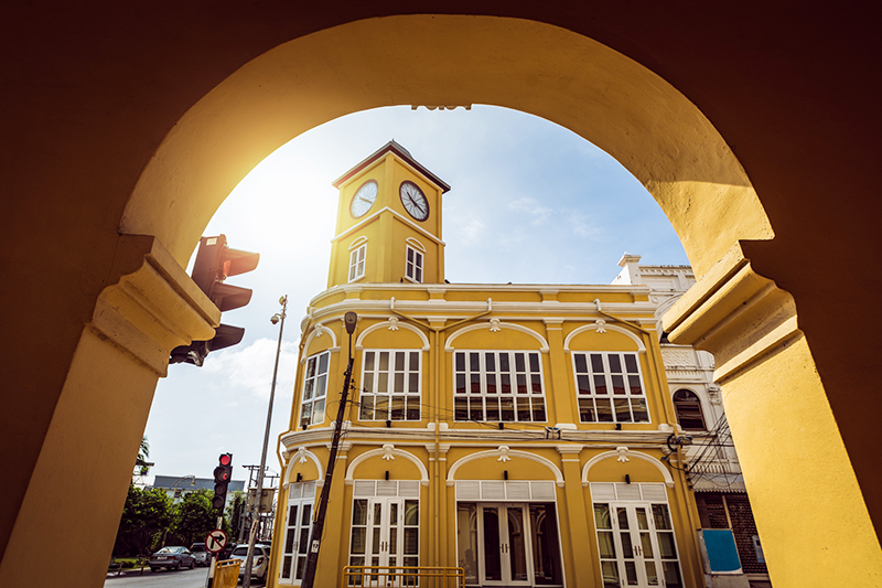 Restored chino-Portuguese clock tower in phuket old town.