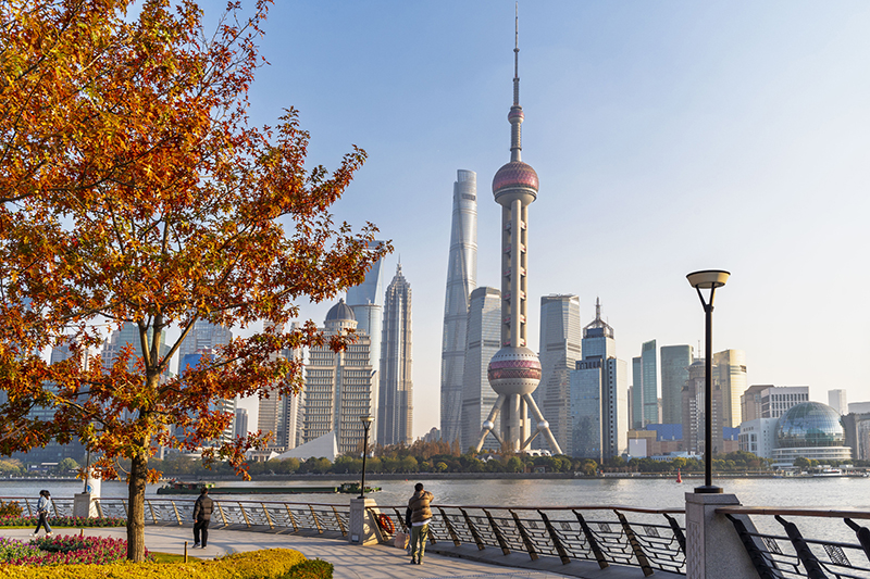 Shanghai&rsquo;s modern skyscrapers tower over the waterfront, as viewed from the scenic North Bund.
