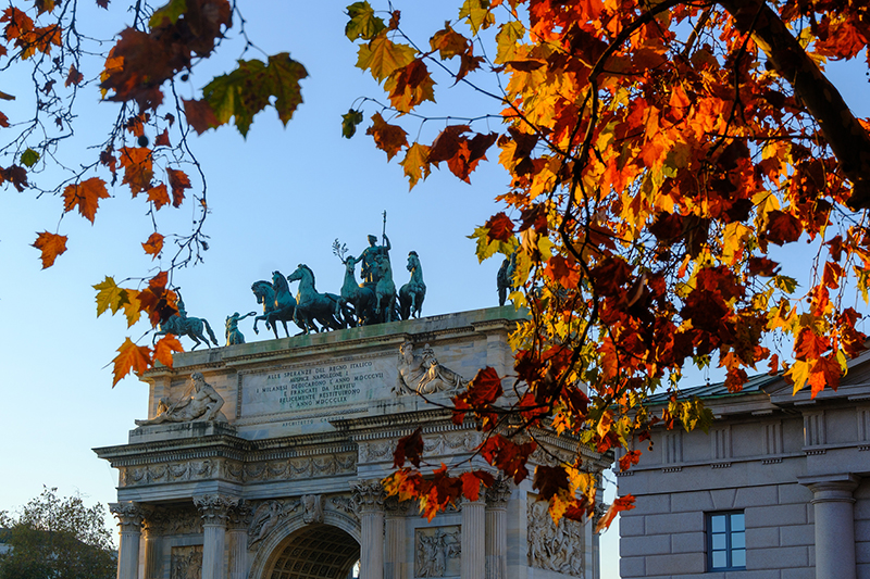 The Arco della Pace rises elegantly at the edge of Sempione Park.