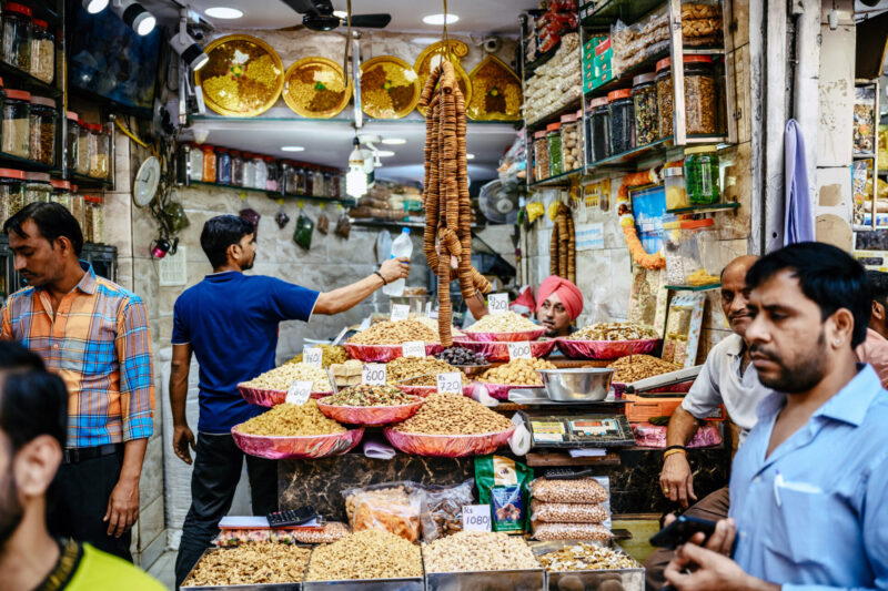 A famous spice market in Chandni Chowk, Old Delhi.