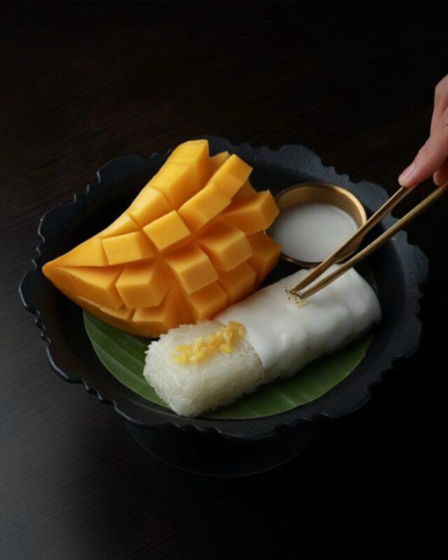 Mango sticky rice in vegan style.