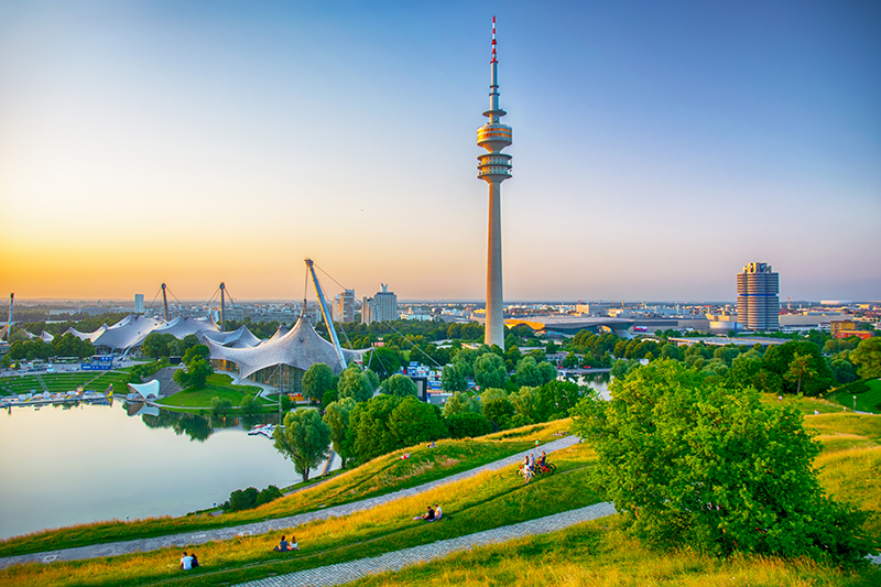 Panoramic view over the Olympic Park Munich (Olympiapark M&uuml;nchen) at sunset.